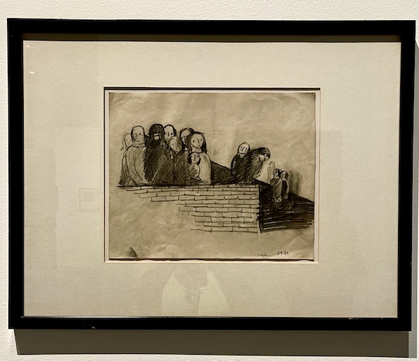 Black and white drawing of people coming down steps at the WW2 Museum Degenerative Art exhibit