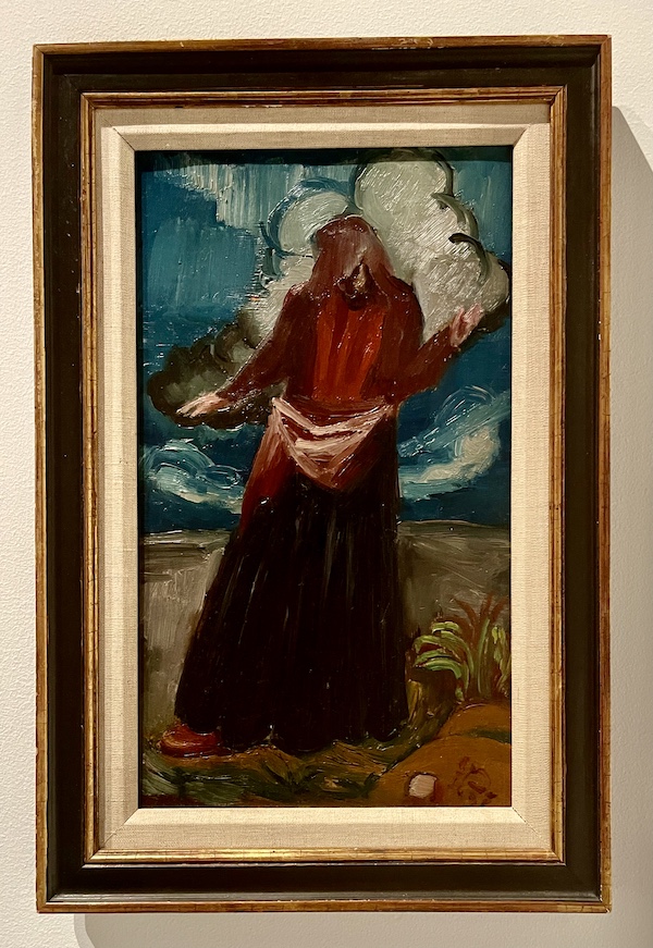 Painting of a gaunt man conveys dread through his distorted figure at the WW2 Museum Degenerative Art exhibit