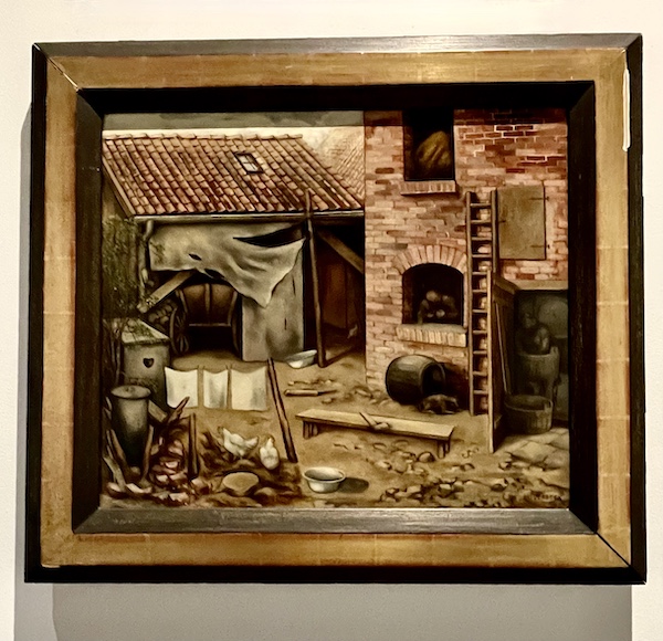 Outdoor painting of a backyard with wood burning oven, ladder and area under a barrel tile roof at the WW2 Museum Degenerative Art exhibit