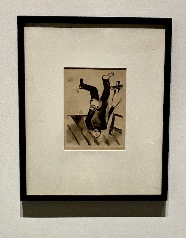 Black and white painting of a man upside down at an easel at the WW2 Museum Degenerative Art exhibit