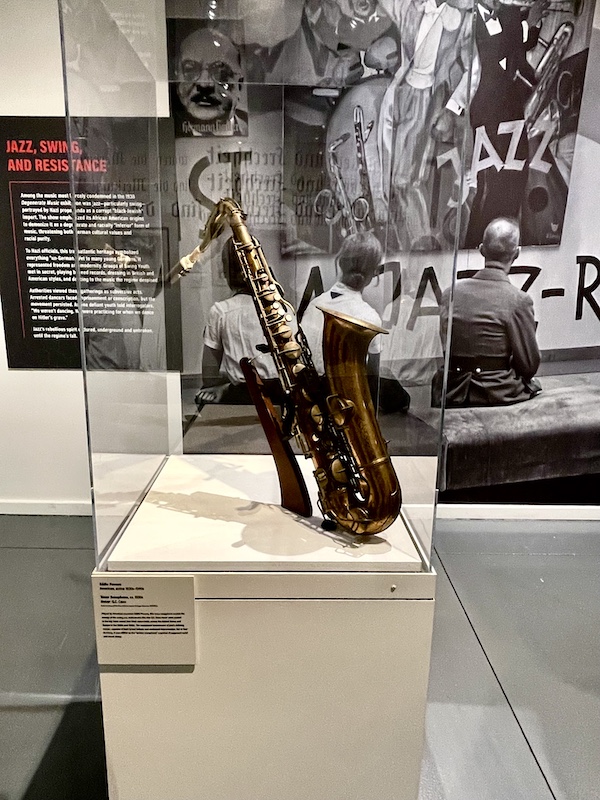 Saxophone in a display cast at the WW2 Museum Degenerative Art exhibit