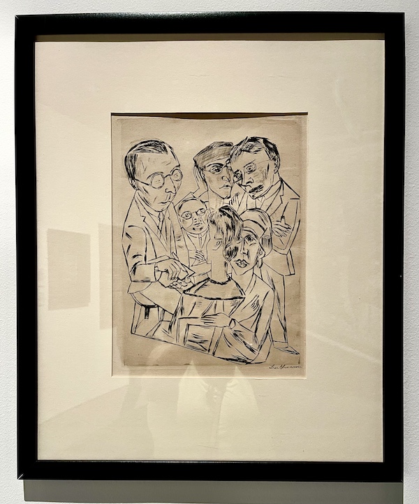 Etching of an artist sketching a model with her back turned, encircled by onlookers.