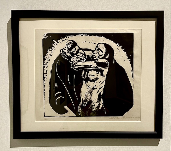 Black and white woodcut depicts a mother losing her child to war at the WW2 Museum Degenerative Art exhibit