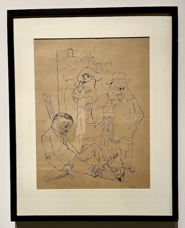 Black and white drawing of a wounded soldier symbolizing the suffering of war at the WW2 Museum Degenerative Art exhibit