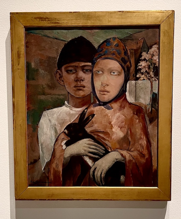 Oil painting of a pair of children, brother and sister holding a black rabbit at the WW2 Museum Degenerative Art exhibit