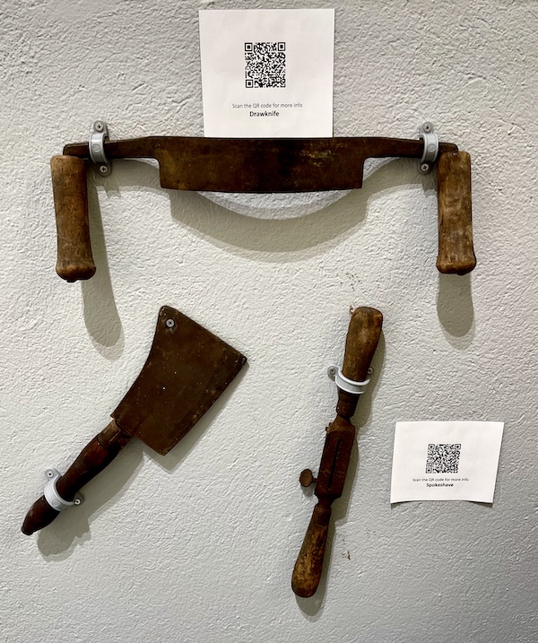 Antique cleaver, draw knife and spokeshave on display at Alliance Colony Pittsgrove NJ