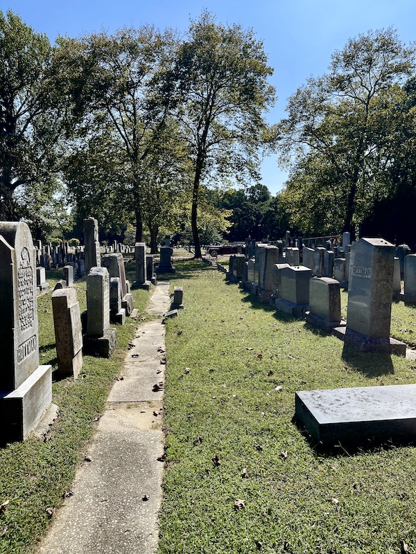 Two rows of tombstones with walking path between and lots of trees at Alliance Synagogue and Cemetery Pittsgrove NJ