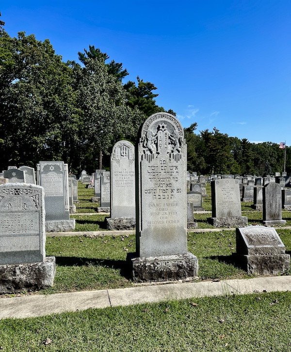 Several tombstones and a walking path with trees in the background at the Alliance Synagogue and Cemetery Pittsgrove NJ