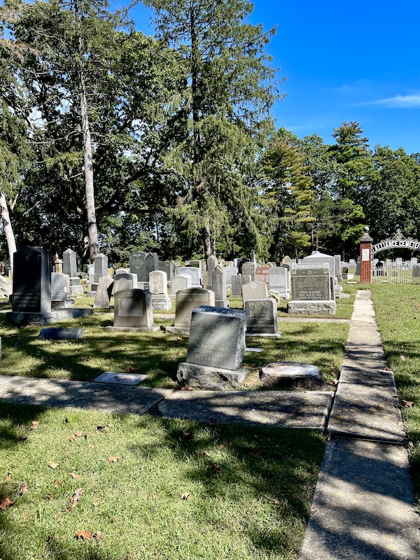 Rows of newer tombstones and trees at Alliance Synagogue and Cemetery Pittsgrove NJ