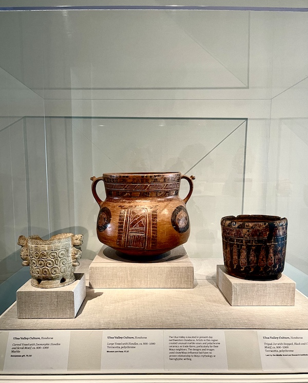 Three ancient Honduran clay pots on display at the New Orleans Museum of Art