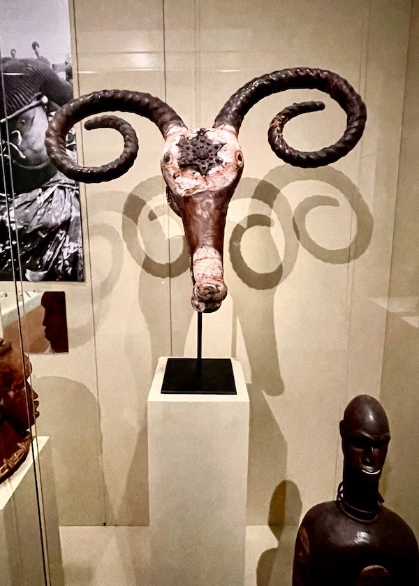 Ram's head mask on a pedestal at the New Orleans Museum of Art