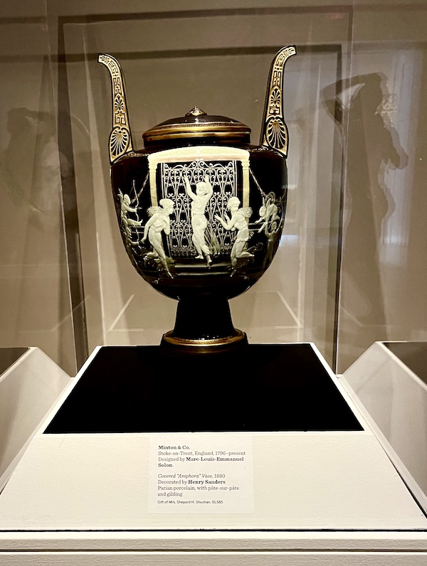 Black urn with lid, decorated with white figures on display at New Orleans Museum of Art Part 2