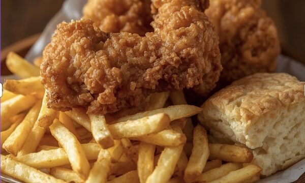 Golden brown fried chicken, fries and square biscuit at Mama's Fried Chicken Opelousas LA