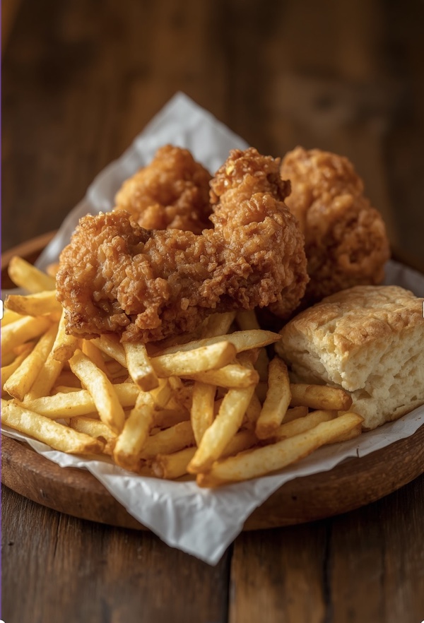 Golden brown fried chicken, fries and square biscuit at Mama's Fried Chicken Opelousas LA