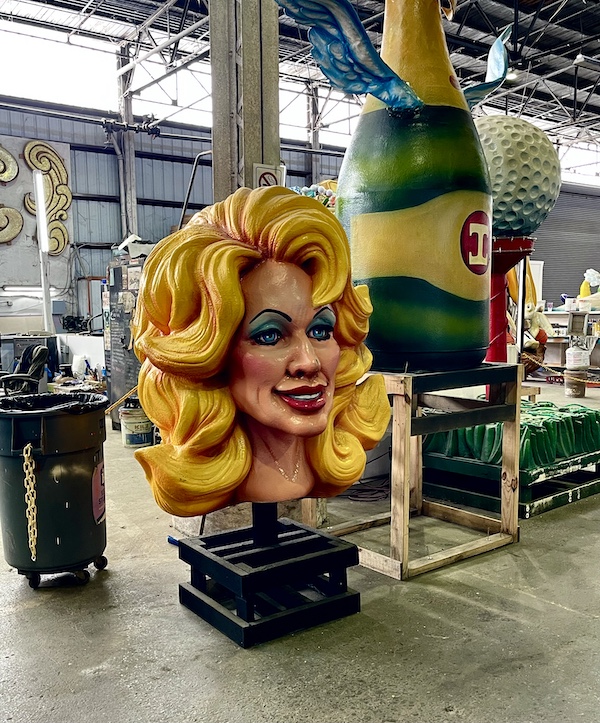 Dolly Parton's giant head sculpture at Mardi Gras World NOLA