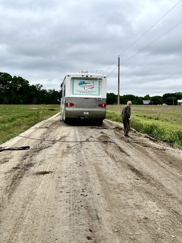 Ladybug is fully on the road as Steve looks at where it was. Finally Back on the Road!!!