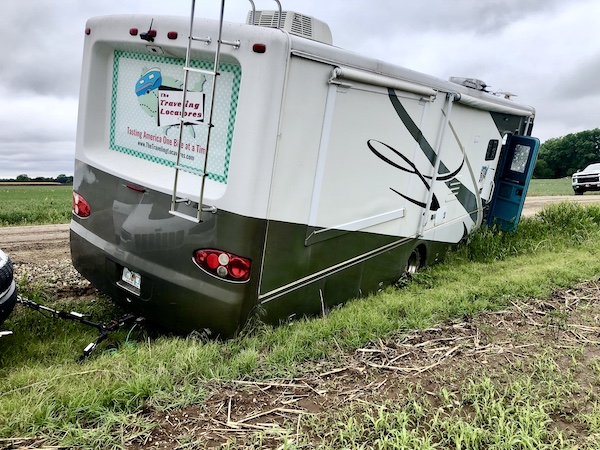 Looking at our rig in the ditch from the rear. Now we're Finally Back on the Road!!!