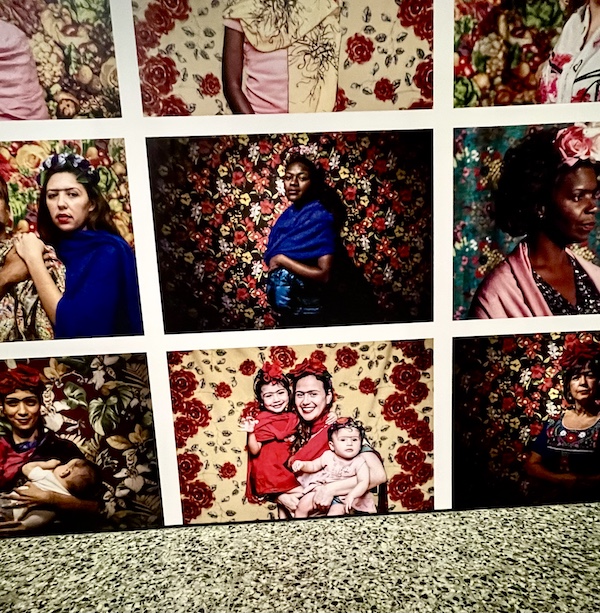 Grid like photos of people imitating Frida Kahlo's unibrow look at the entrance to the Frida Kahlo Exhibit Houston