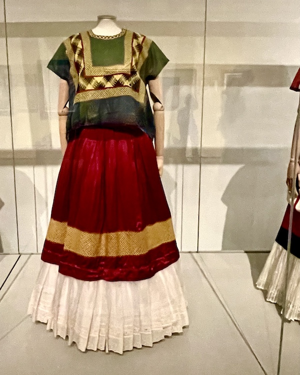 Green red and gold Mexican ensembled. Part of Frida Kahlo Exhibit Houston