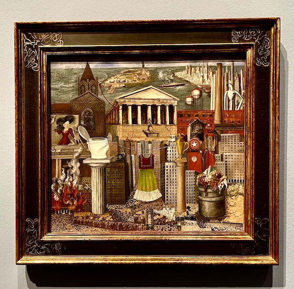 Painting and mixed media with house, dress and iconic landmarks, part of the Frida Kahlo Exhibit Houston