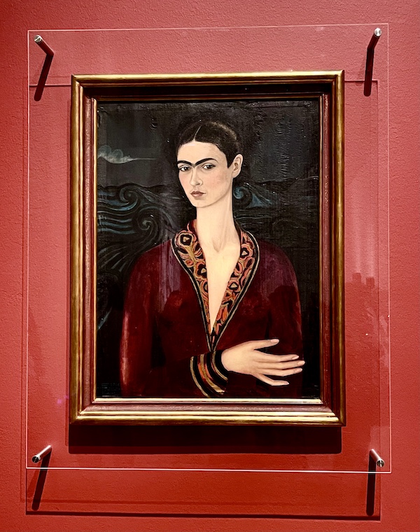 Self portrait of a woman in a red velvet dress at the Frida Kahlo Exhibit Houston