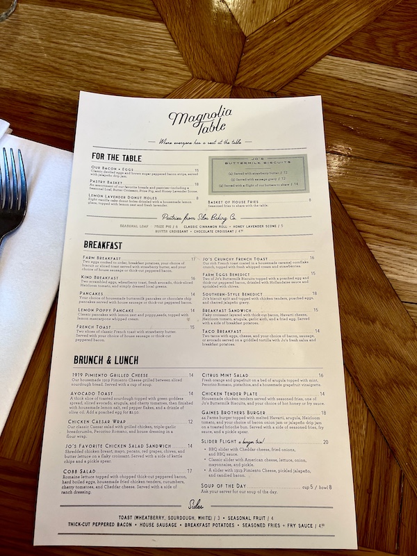 Menu on the table from Magnolia Table Waco Texas