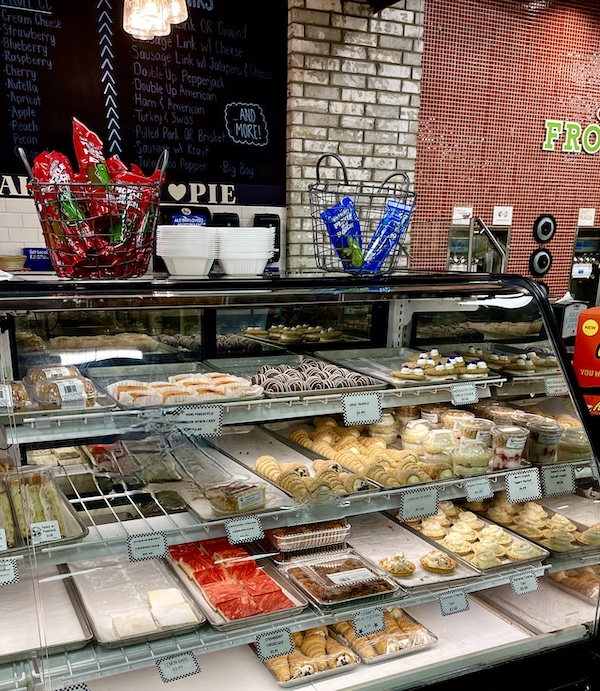 Bakery case filled with assorted pastries at Slovacek's in West Texas