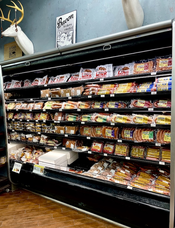 Bacon and assorted sausages on display at Slovacek's in West Texas