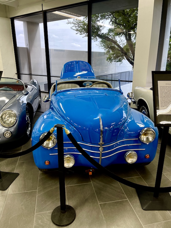 Bright blue convertible sports car from France at DFW Car and Toy Museum