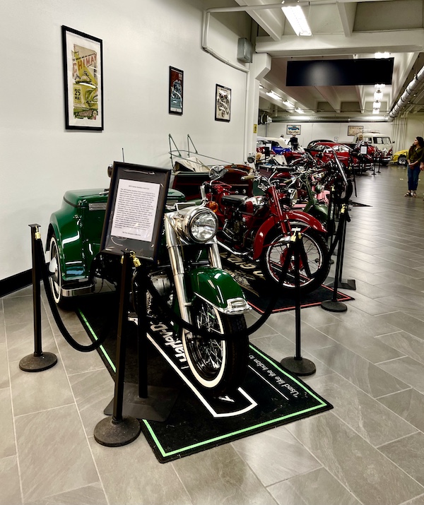 A row of motorcycles on display at DFW Car and Toy Museum