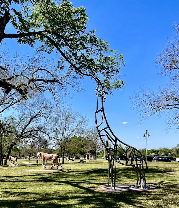 Stylized steel giraffe sculpture with head up in a tree at Indian Springs Park Waco Texas