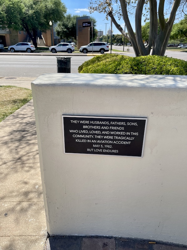 Stone memorial to men who were killed in a plane crash in 1982 at Indian Springs Park Waco Texas