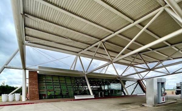 100-foot steel canopy over the fueling stations and entrance to Pops Route 66 Arcadia Oklahoma
