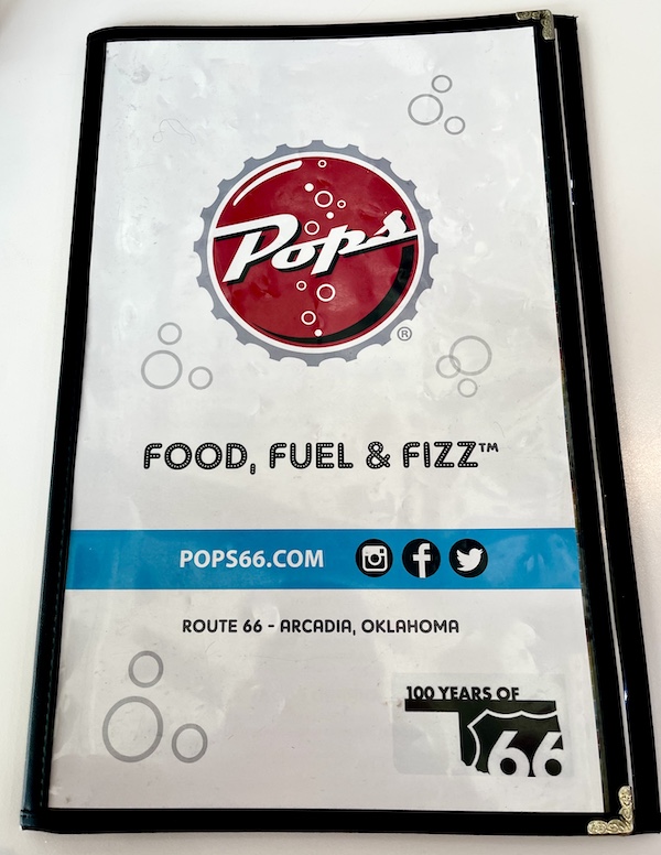 Menu cover at Pops Route 66 Arcadia Oklahoma