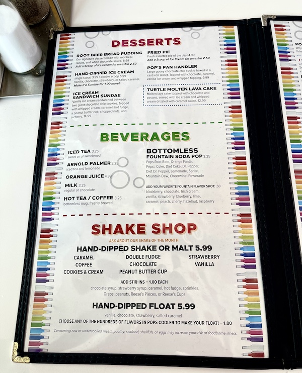 Menu items available at Pops Route 66 Arcadia Oklahoma