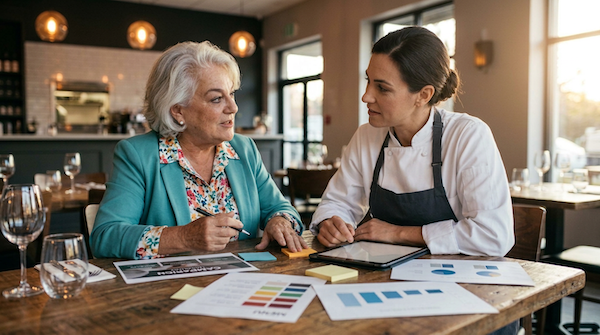 Me in a turquoise jacket and print blouse at table with a female chef/owner of a restaurant. Marketing materials are on the table. Proud to Announce: Marketing Mojo AI