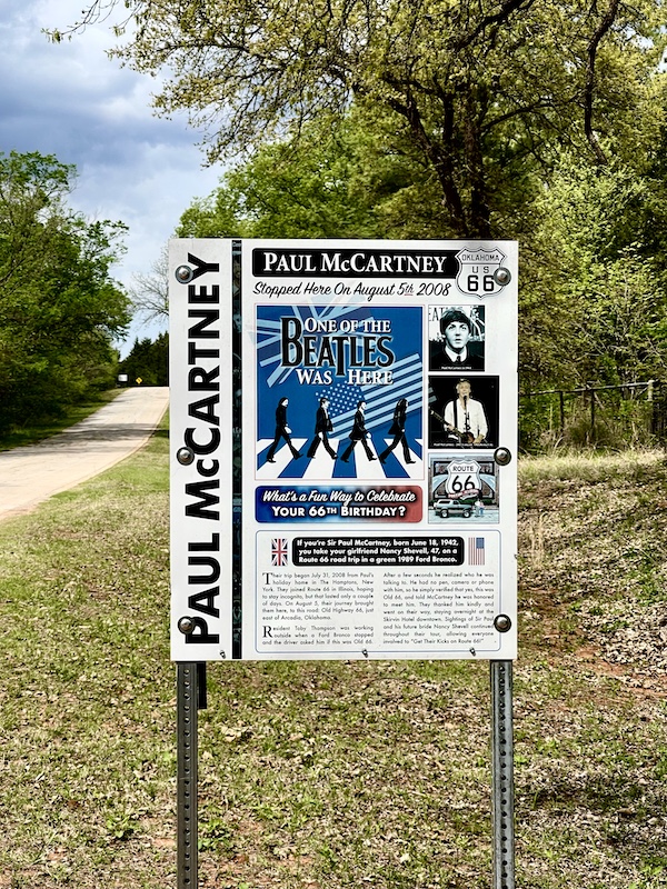 Happy 100 Route 66! Sign marking the site where Paul McCartney asked for directions.